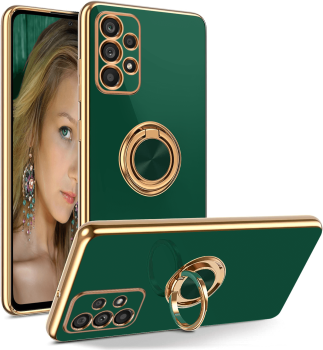 Etui ze złotą ramką ring do Samsung Galaxy A13 4G ciemny zielony + szkło