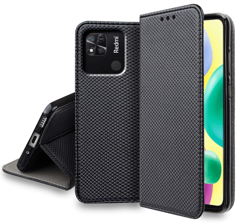 Etui zamykane do Xiaomi Redmi 10A czarne + szkło pokrowiec kabura