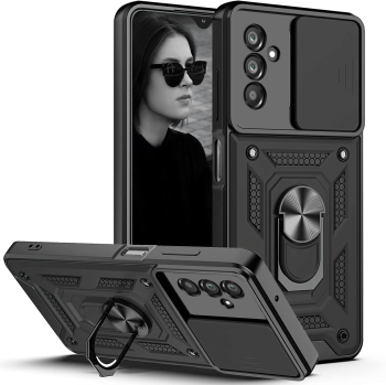 Etui pancerne ring do Samsung Galaxy M13 czarne z osłoną na aparat + szkło 