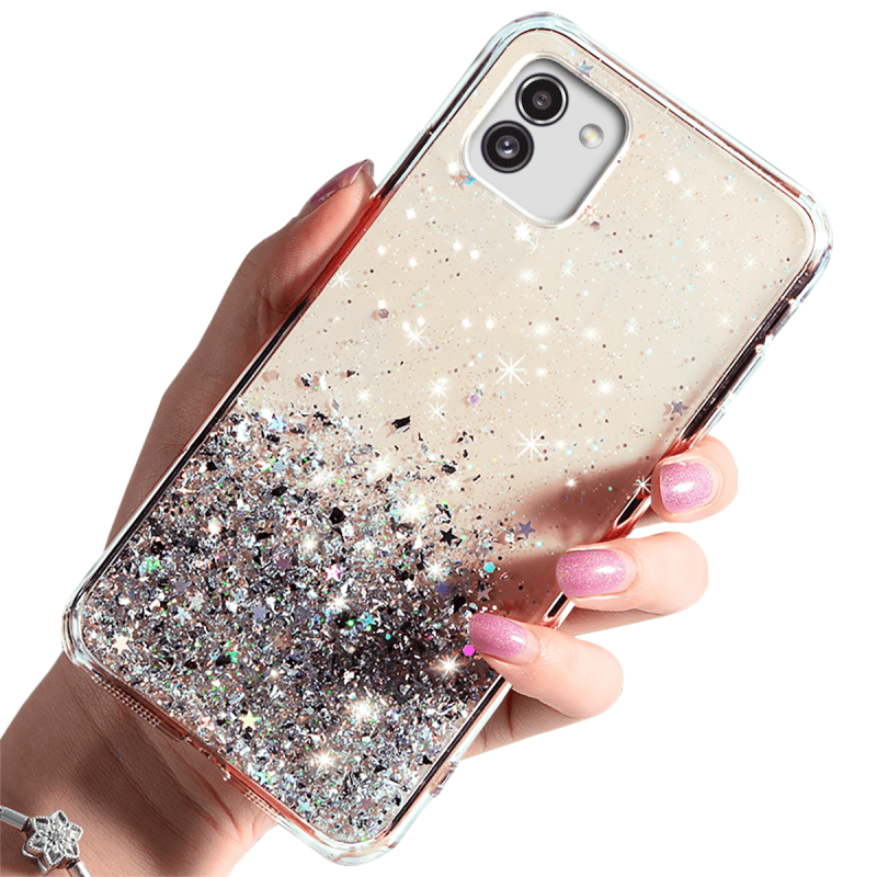 Etui brokat do Samsung Galaxy A03 przeźroczysty + szkło nakładka na plecki case