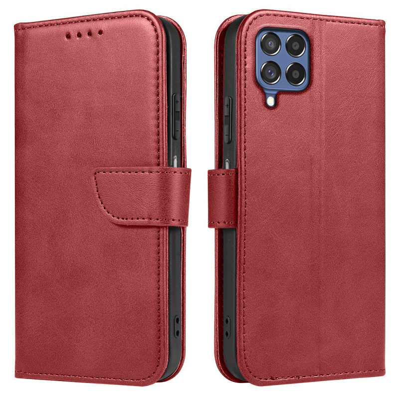 Etui skórzane z klapką do Samsung Galaxy M53 5G bordowe + szkło pokrowiec kabura zamykane
