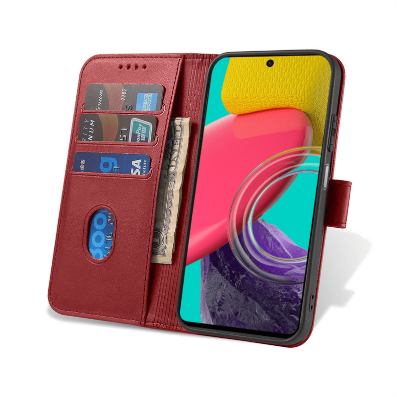 Etui skórzane z klapką do Samsung Galaxy M53 5G bordowe + szkło pokrowiec kabura zamykane