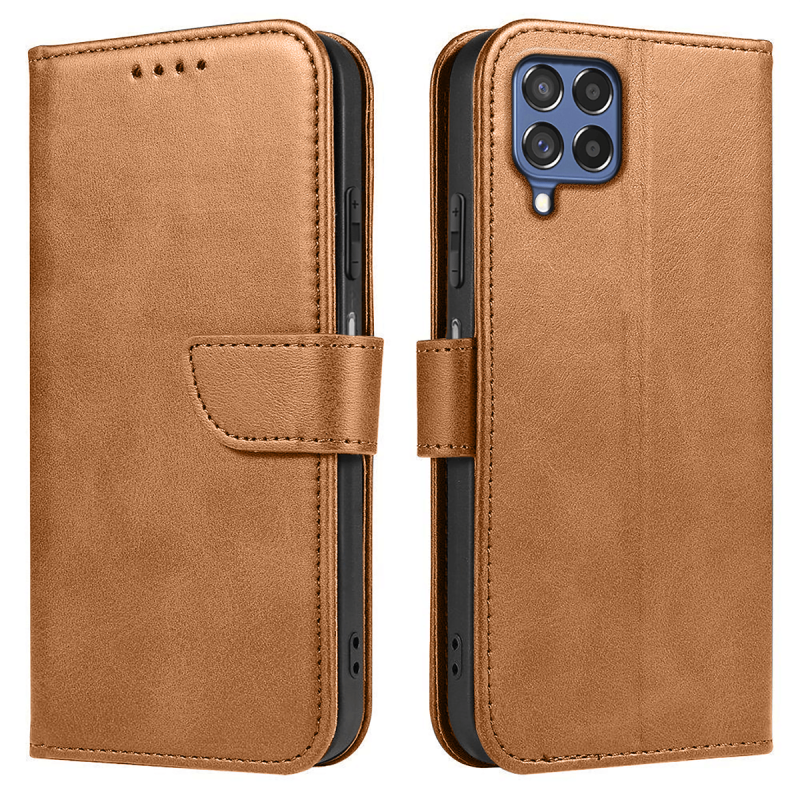Etui skórzane z klapką do Samsung Galaxy M53 5G jasny brązowy + szkło pokrowiec kabura zamykane