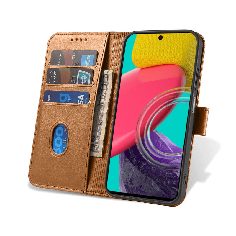 Etui skórzane z klapką do Samsung Galaxy M53 5G jasny brązowy + szkło pokrowiec kabura zamykane