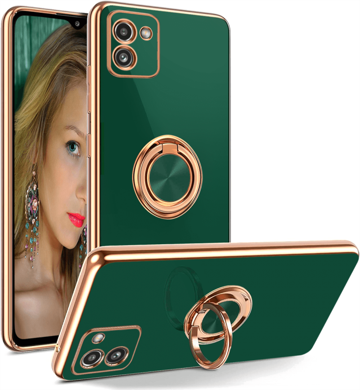 Etui ze złotą ramką ring do Samsung Galaxy A03 zielone + szkło nakładka na plecki case