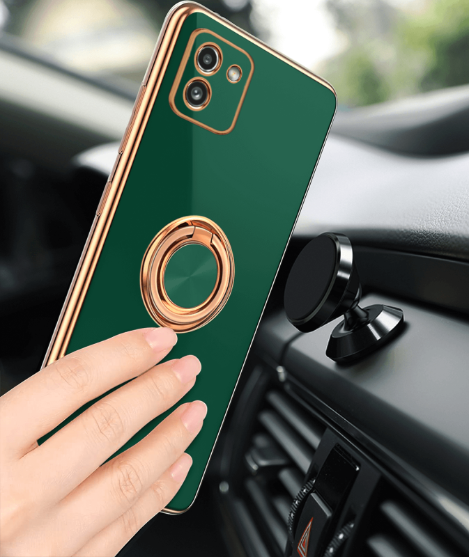 Etui ze złotą ramką ring do Samsung Galaxy A03 zielone + szkło nakładka na plecki case