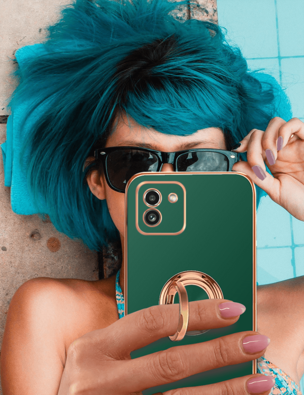 Etui ze złotą ramką ring do Samsung Galaxy A03 zielone + szkło nakładka na plecki case