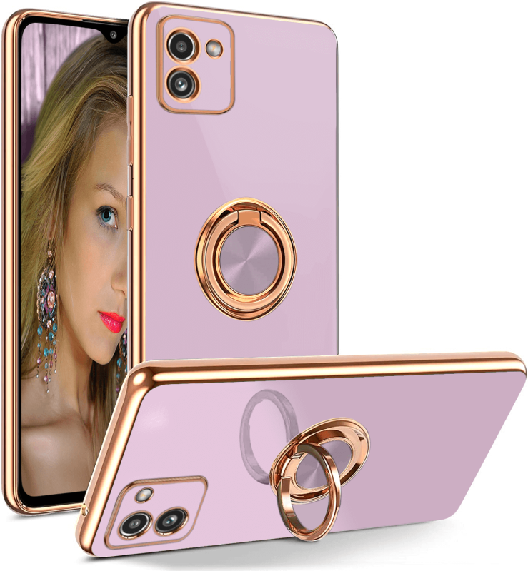 Etui ze złotą ramką ring do Samsung Galaxy A03 fioletowe + szkło nakładka na plecki case
