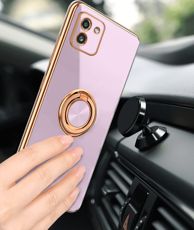 Etui ze złotą ramką ring do Samsung Galaxy A03 fioletowe + szkło nakładka na plecki case