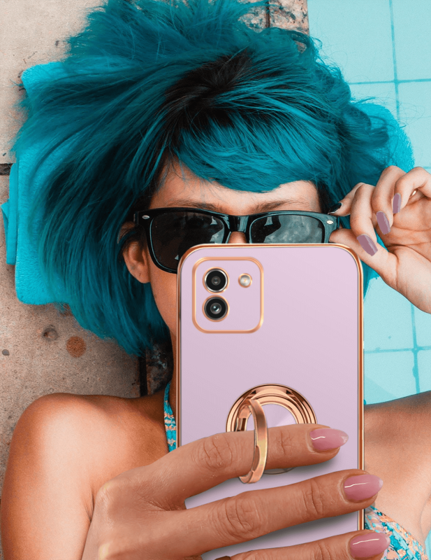 Etui ze złotą ramką ring do Samsung Galaxy A03 fioletowe + szkło nakładka na plecki case