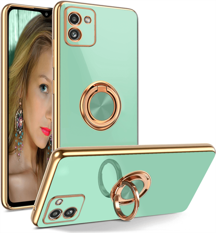 Etui ze złotą ramką ring do Samsung Galaxy A03 miętowe + szkło nakładka na plecki case