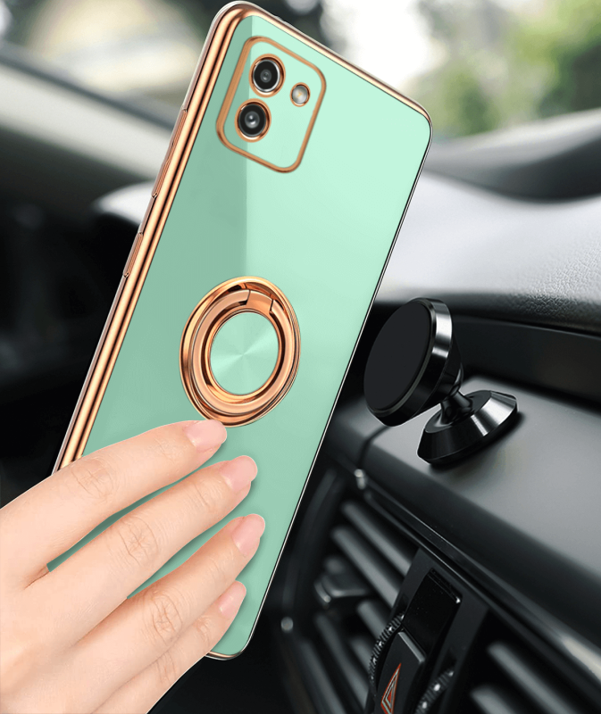 Etui ze złotą ramką ring do Samsung Galaxy A03 miętowe + szkło nakładka na plecki case