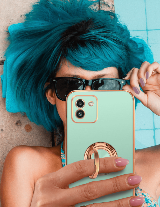 Etui ze złotą ramką ring do Samsung Galaxy A03 miętowe + szkło nakładka na plecki case