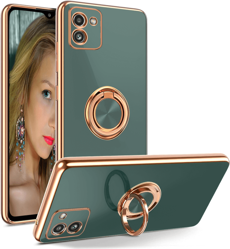 Etui ze złotą ramką ring do Samsung Galaxy A03 szaroniebieskie + szkło nakładka na plecki case