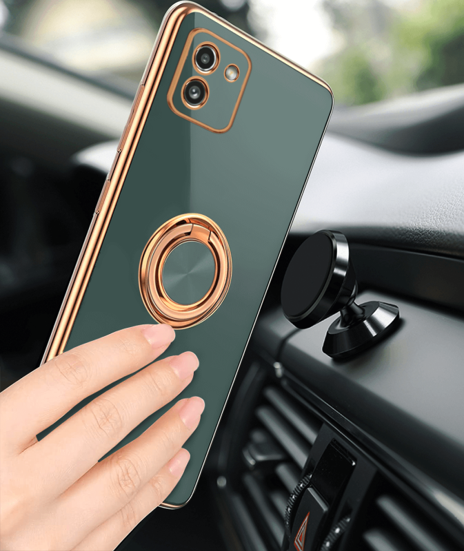 Etui ze złotą ramką ring do Samsung Galaxy A03 szaroniebieskie + szkło nakładka na plecki case