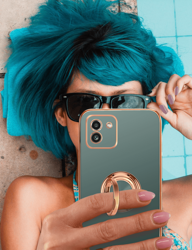 Etui ze złotą ramką ring do Samsung Galaxy A03 szaroniebieskie + szkło nakładka na plecki case