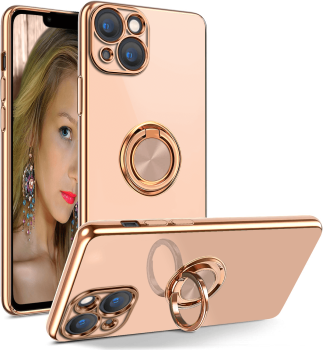 Etui ze złotą ramką  ring do Iphone 13  różowe + szkło