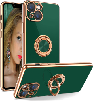 Etui ze złotą ramką  ring do Iphone 13 zielone + szkło 