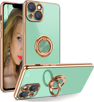 Etui ze złotą ramką  ring do Iphone 13 miętowe + szkło 