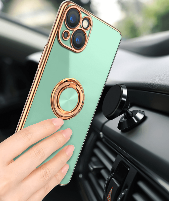 Etui ze złotą ramką ring do Iphone 13 miętowe + szkło nakładka na plecki case