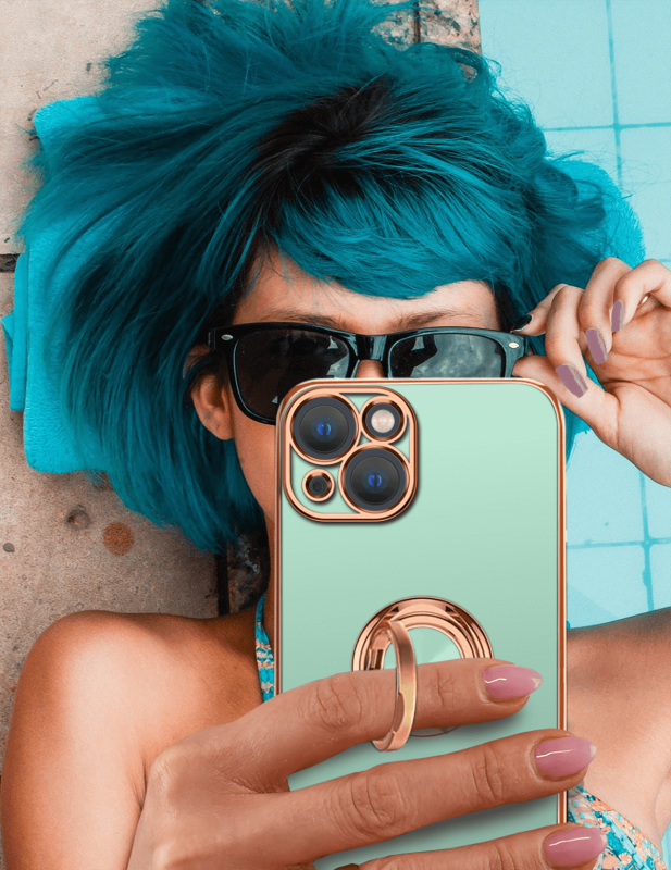 Etui ze złotą ramką ring do Iphone 13 miętowe + szkło nakładka na plecki case