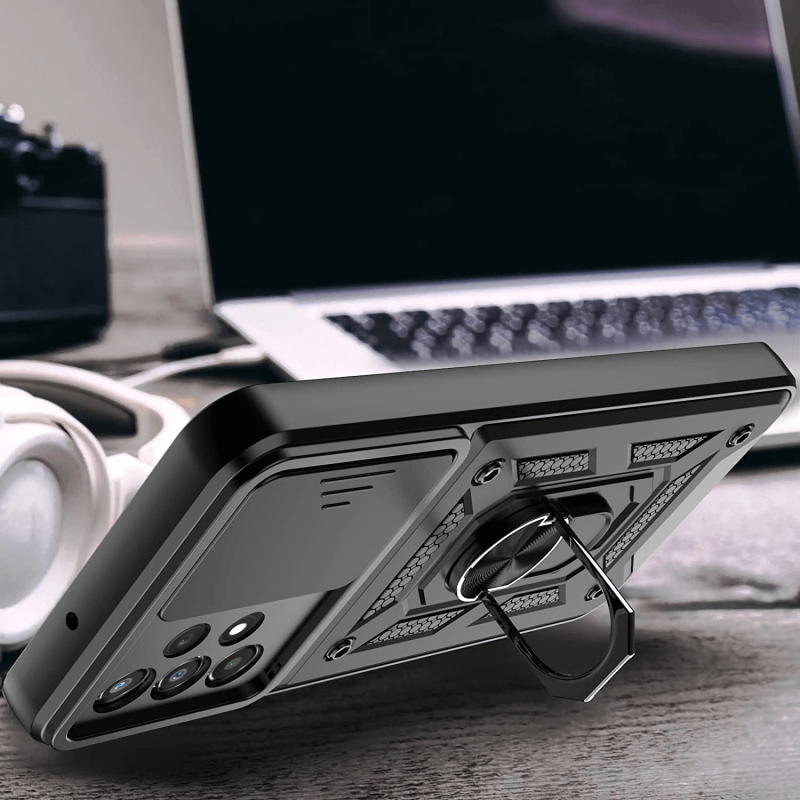 Etui pancerne ring do Samsung Galaxy A32 4g czarne z osłona na aparat + szkło nakładka na plecki case