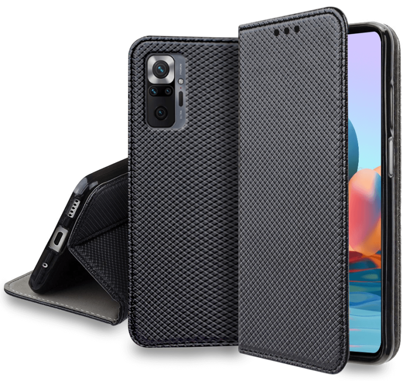 Etui zamykane do Xiaomi Redmi Note 10 Pro czarne + szkło pokrowiec kabura