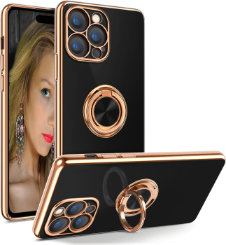 Etui ze złotą ramką do Iphone 14 Pro czarne + szkło