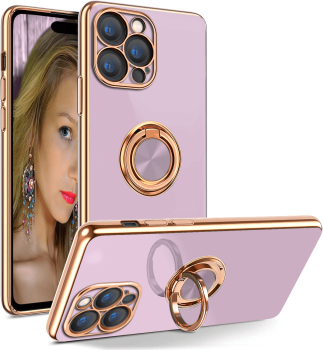 Etui ze złotą ramką do Iphone 14 Pro fioletowe + szkło