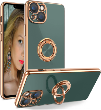 Etui ze złotą ramką do Iphone 14 / 13 szaroniebieskie + szkło