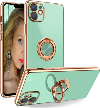 Etui ze złotą ramką do Iphone 11 miętowe + szkło