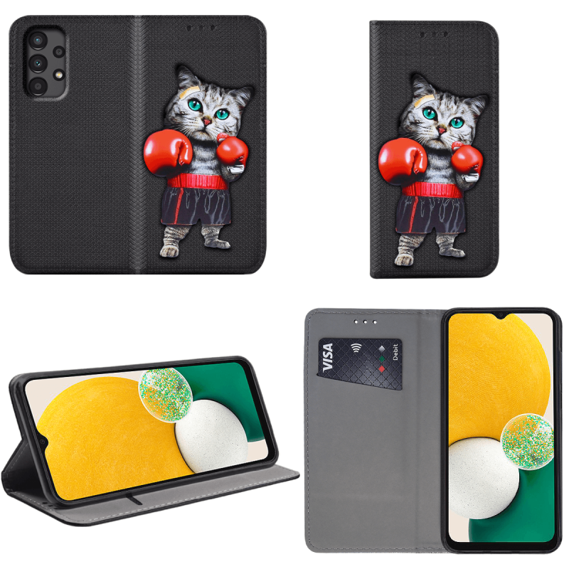 Etui malowane zamykane do Samsung Galaxy A13 4G wzór kot + szkło pokrowiec kabura  z klapką