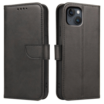 Etui skórzane z klapką do Iphone 14 Plus czarne + szkło