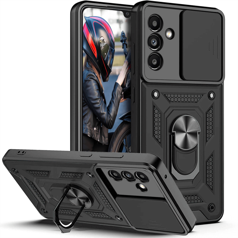 Etui pancerne ring do Samsung Galaxy A34 5G czarne z osłoną aparatu + szkło nakładka na plecki case