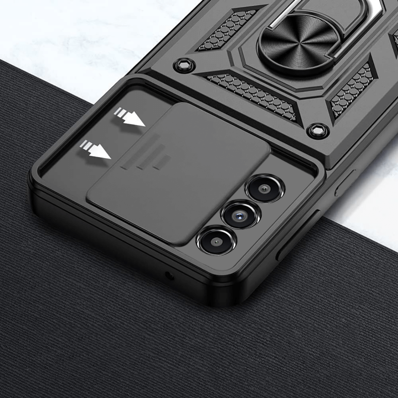 Etui pancerne ring do Samsung Galaxy A34 5G czarne z osłoną aparatu + szkło nakładka na plecki case