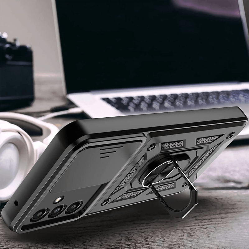 Etui pancerne ring do Samsung Galaxy A34 5G czarne z osłoną aparatu + szkło nakładka na plecki case