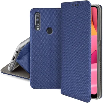 Etui zamykane do Samsung Galaxy A20E granatowe + szkło
