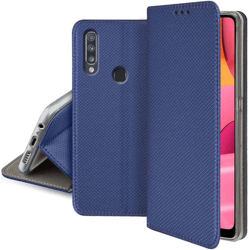 Etui zamykane do Samsung Galaxy A20E granatowe + szkło pokrowiec kabura case z klapką