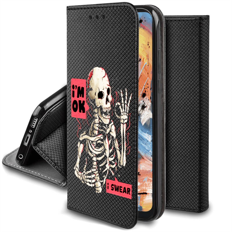 Etui malowane zamykane do Samsung Galaxy A54 5G wzór szkielet + szkło wzory pokrowiec kabura case zamykany z klapką