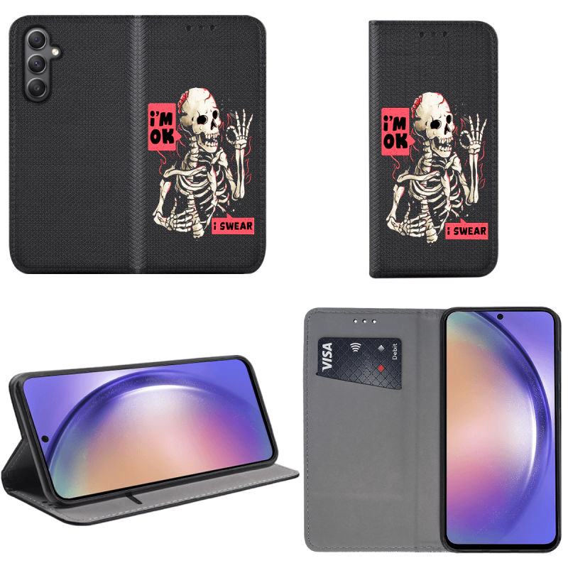 Etui malowane zamykane do Samsung Galaxy A54 5G wzór szkielet + szkło wzory pokrowiec kabura case zamykany z klapką