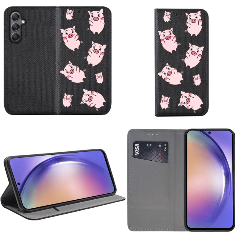 Etui malowane zamykane do Samsung Galaxy A54 5G wzór świnki + szkło wzory pokrowiec kabura case zamykany z klapką