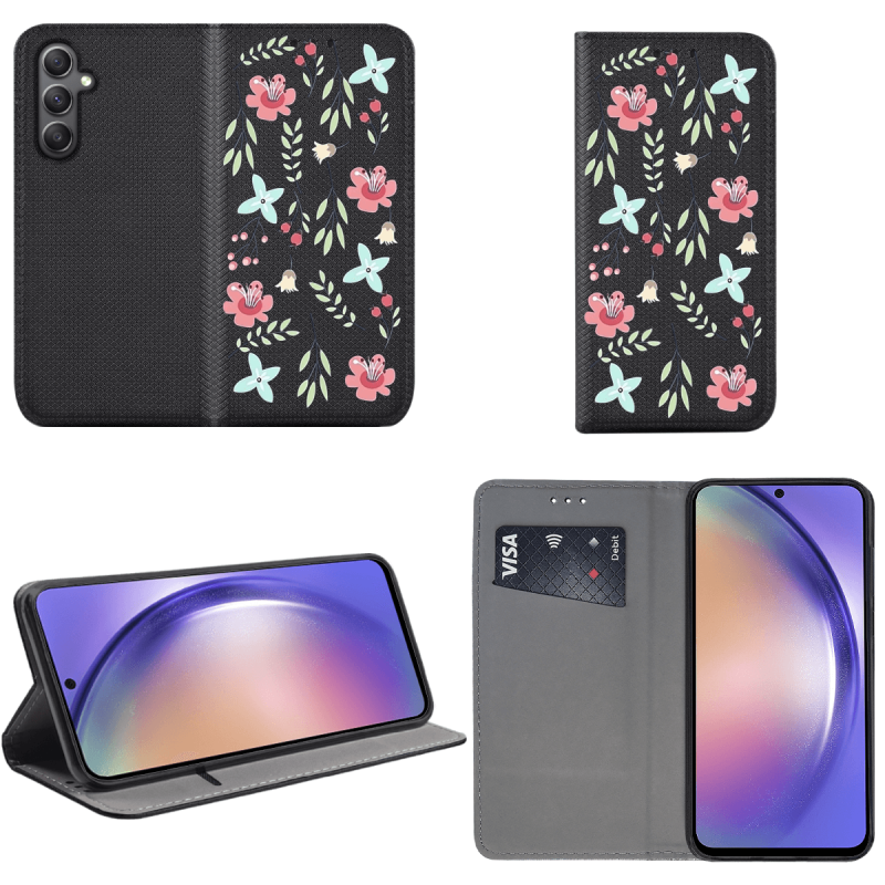 Etui malowane zamykane do Samsung Galaxy A54 5G wzór kwiatki + szkło wzory pokrowiec kabura case zamykany z klapką