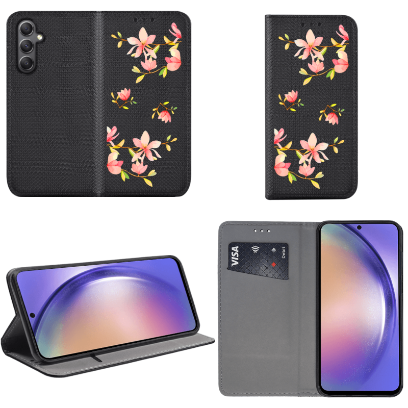 Etui malowane zamykane do Samsung Galaxy A54 5G wzór kwiatki + szkło wzory pokrowiec kabura case zamykany z klapką