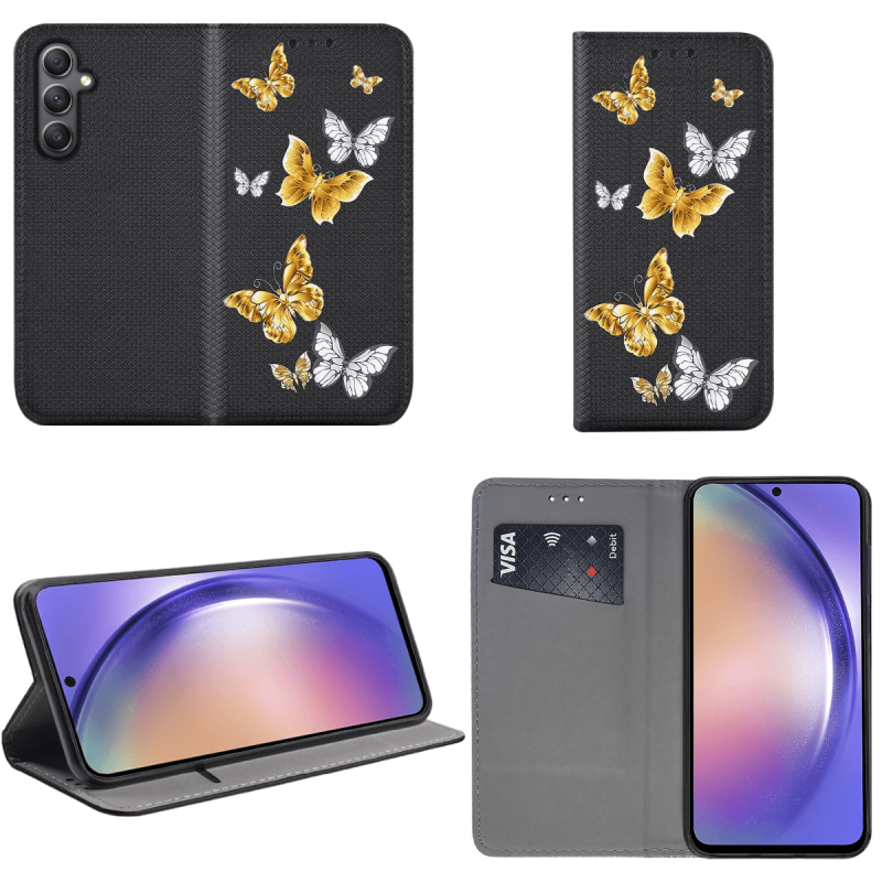 Etui malowane zamykane do Samsung Galaxy A54 5G wzór motyle + szkło wzory pokrowiec kabura case zamykany z klapką