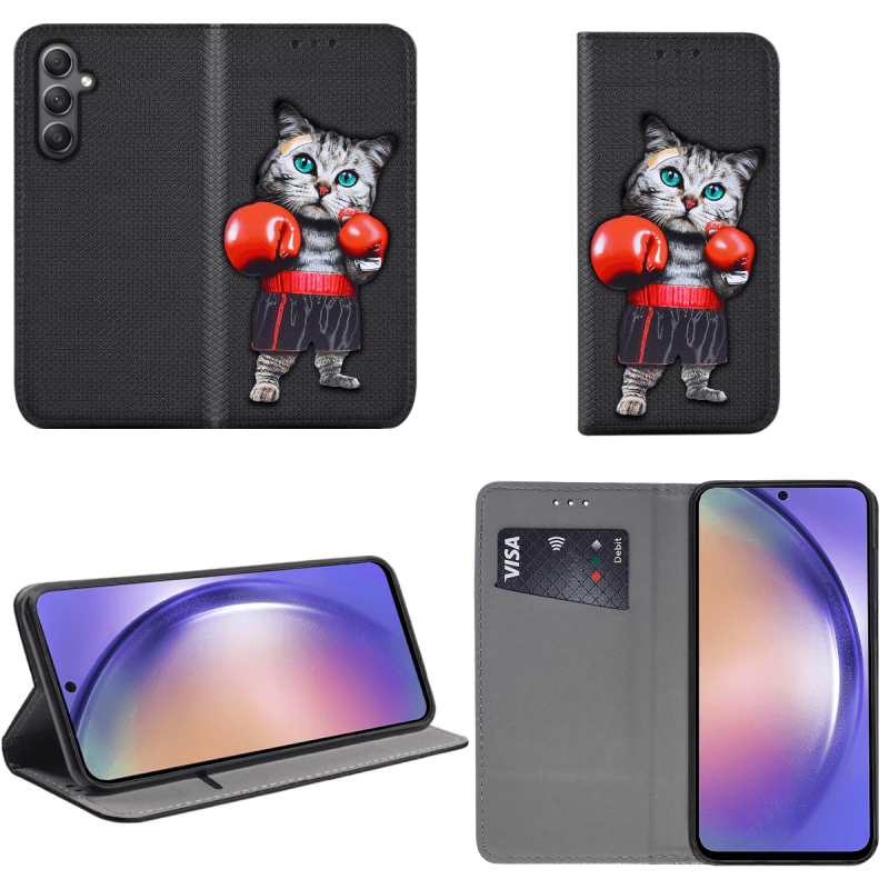 Etui malowane zamykane do Samsung Galaxy A54 5G wzór kot + szkło wzory pokrowiec kabura case zamykany z klapką