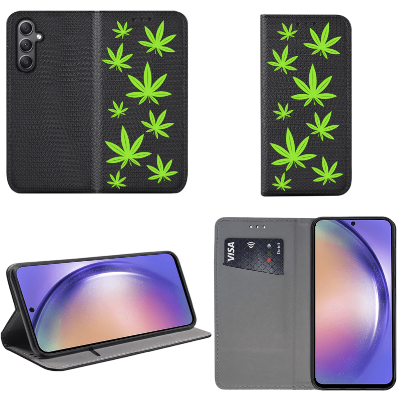 Etui malowane zamykane do Samsung Galaxy A54 5G wzór liście + szkło wzory pokrowiec kabura case zamykany z klapką