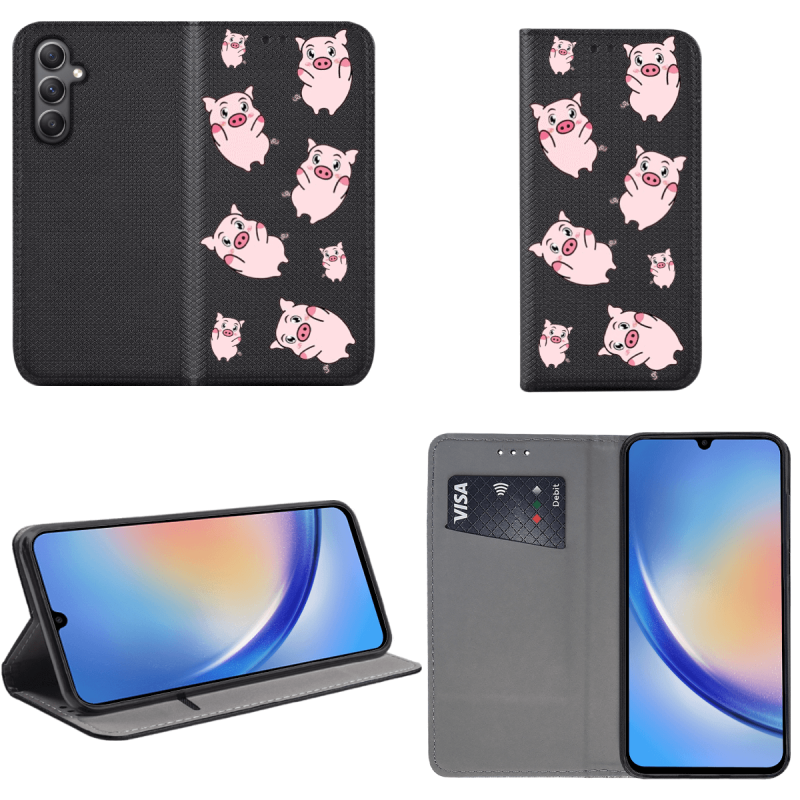 Etui malowane zamykane do Samsung Galaxy A34 5G wzór świnki + szkło pokrowiec kabura case zamykane z klapką