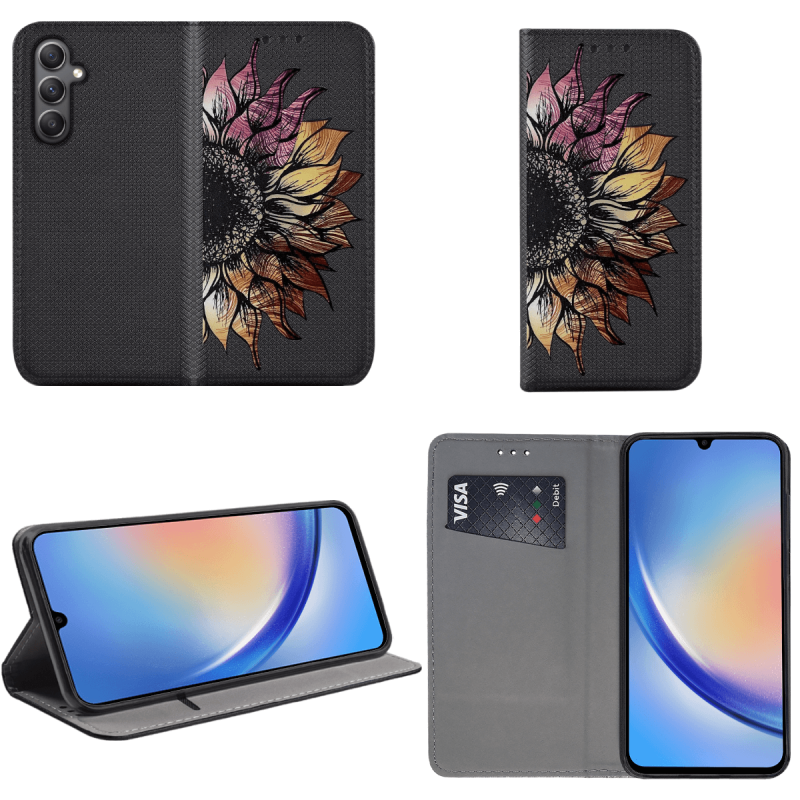 Etui malowane zamykane do Samsung Galaxy A34 5G wzór kwiat + szkło pokrowiec kabura case zamykane z klapką
