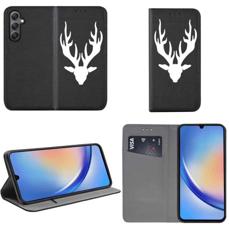 Etui malowane zamykane do Samsung Galaxy A34 5G wzór jeleń + szkło pokrowiec kabura case zamykane z klapką