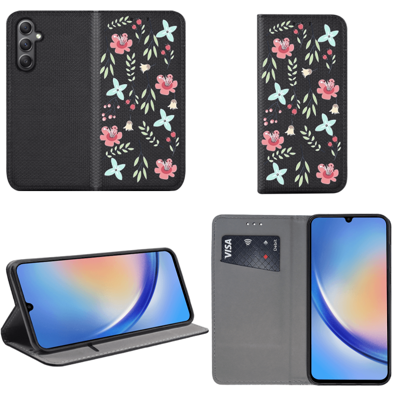 Etui malowane zamykane do Samsung Galaxy A34 5G wzór kwiat + szkło pokrowiec kabura case zamykane z klapką